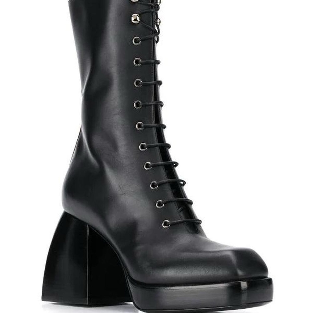 Nodaleto black square toe lace up leather boots, size 37
